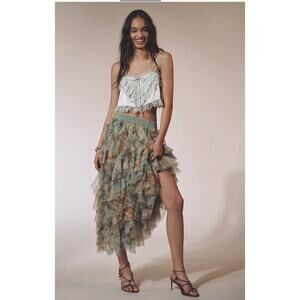 Anthropologie Chéri Ruffled Tulle Midi Skirt XXS NWT Balletcore Floral Tiered